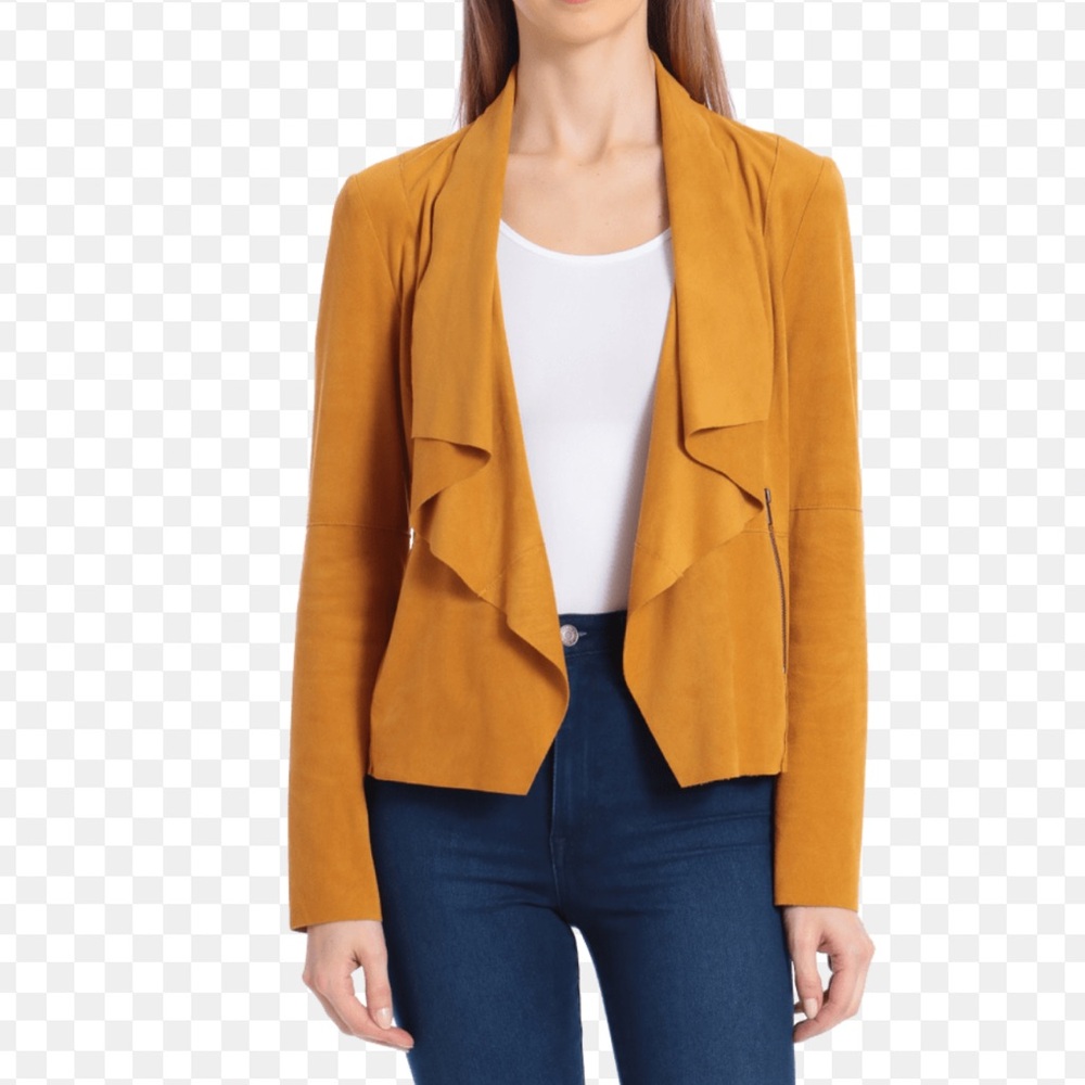 Bagatelle Jacket Soft Suede Style Goldenrod Yellow Mustard Open Draped Front